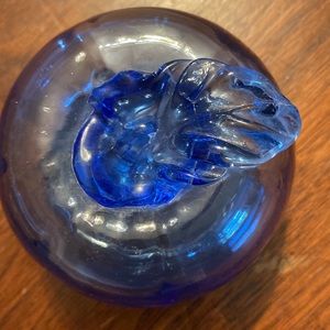 Vintage antique blue glass pumpkin leaf/stem on top hollowinsidebubbles in glass